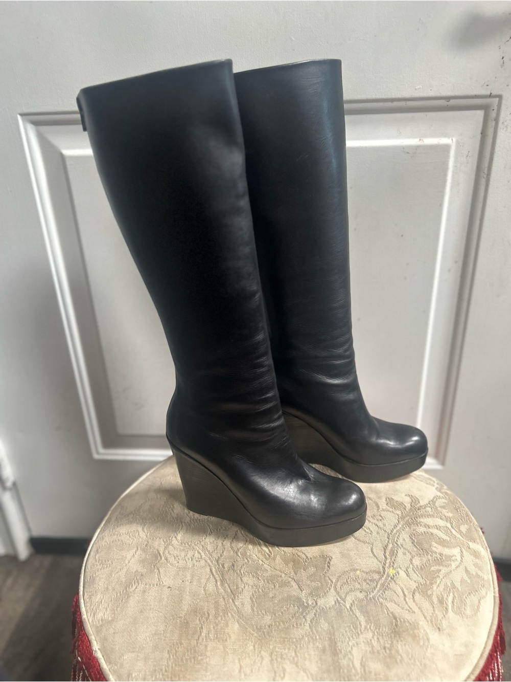 Christian Loubotin Black Tall Smooth chunky wedge platform Leather boots Sz 38